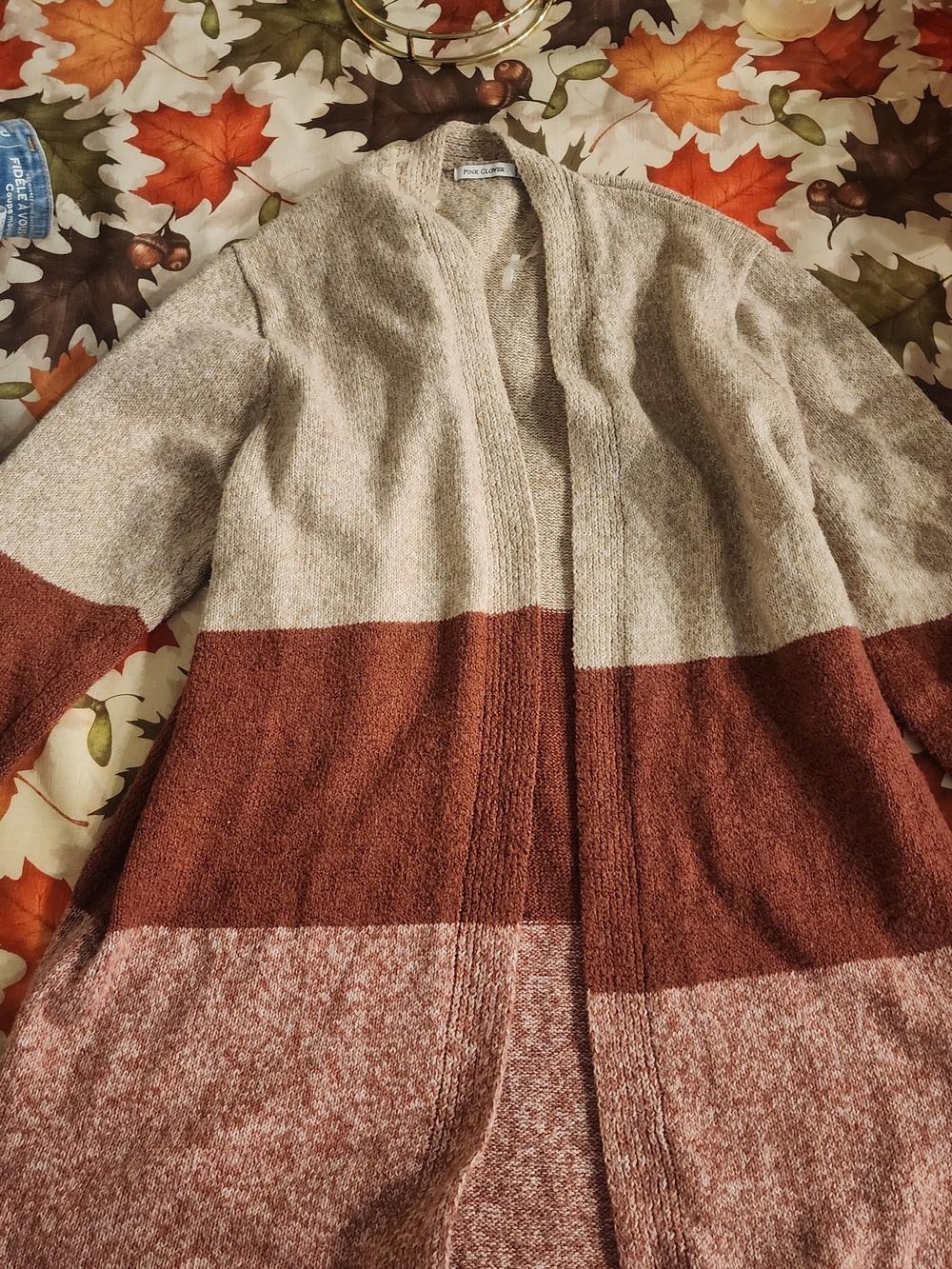 Pink Clover Colorblock Open-Front Cardigan - Beige & Rust